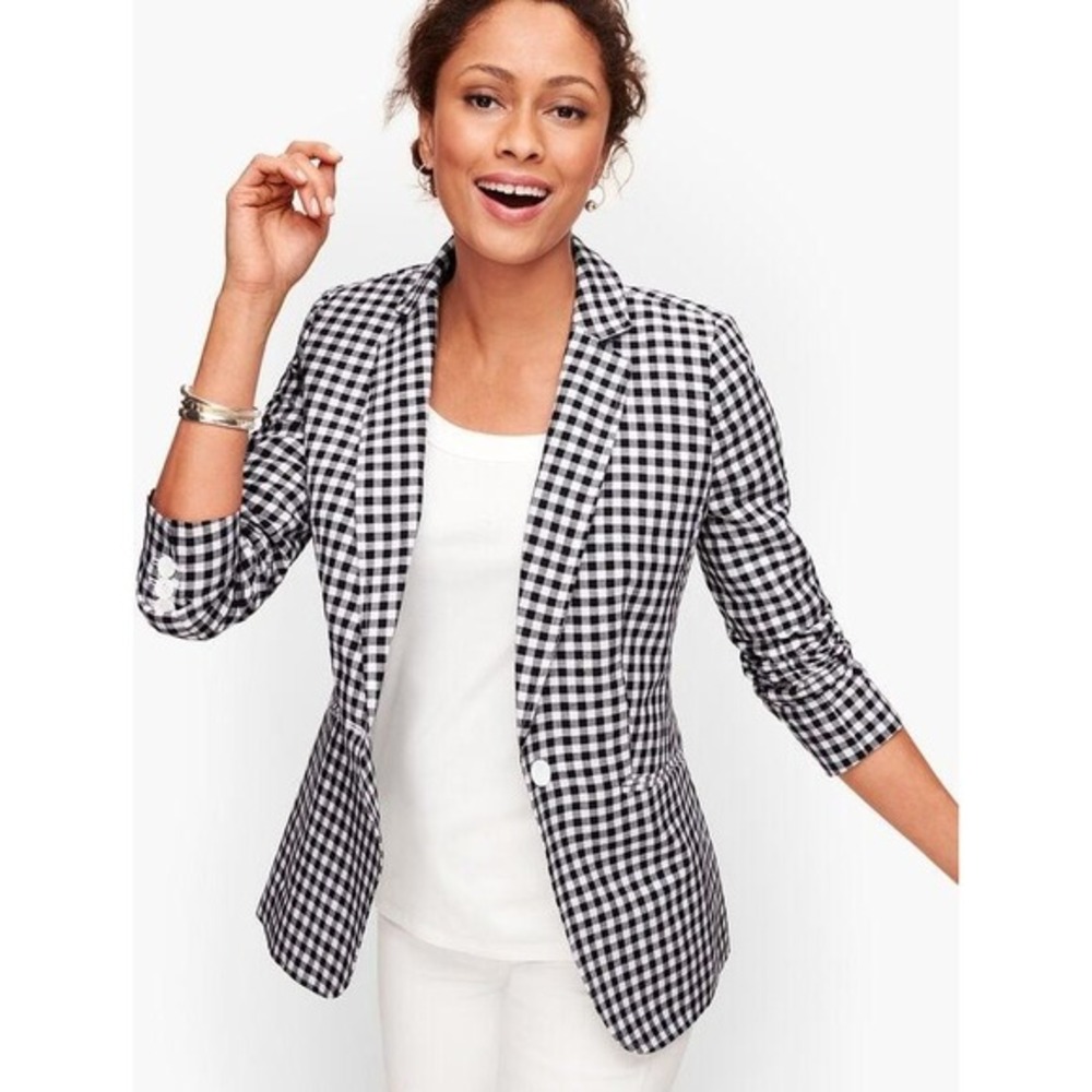 Talbots Blazer Women 16 Black White NWT Gingham Linen Cotton Checkered Jacket